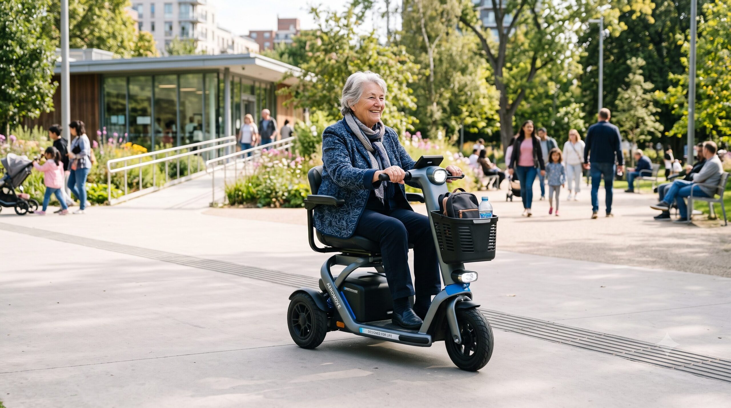An older woman on a mobility scooter